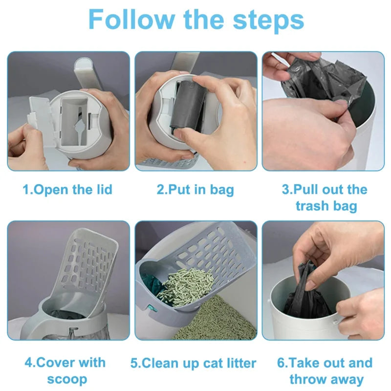 2-in-1 Self-Bagging Cat Litter Scoop with Integrated Waste Bin and Refill Bags