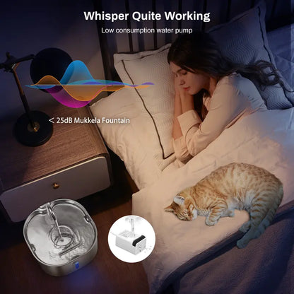 2.2L Stainless Steel Cat Water Fountain, Ultra-Quiet Automatic Pet Drinking Dispenser with LED Night Light & Water Level Window for Cats and Small Dogs