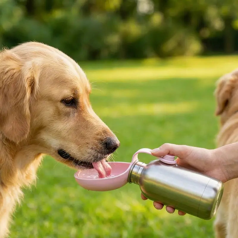 Portable Stainless Steel Dog Water Bottle with Collapsible Bowl – 285ml Leak-Proof 2-in-1 Pet Travel Dispenser for Walking, Hiking & Outdoor Adventures
