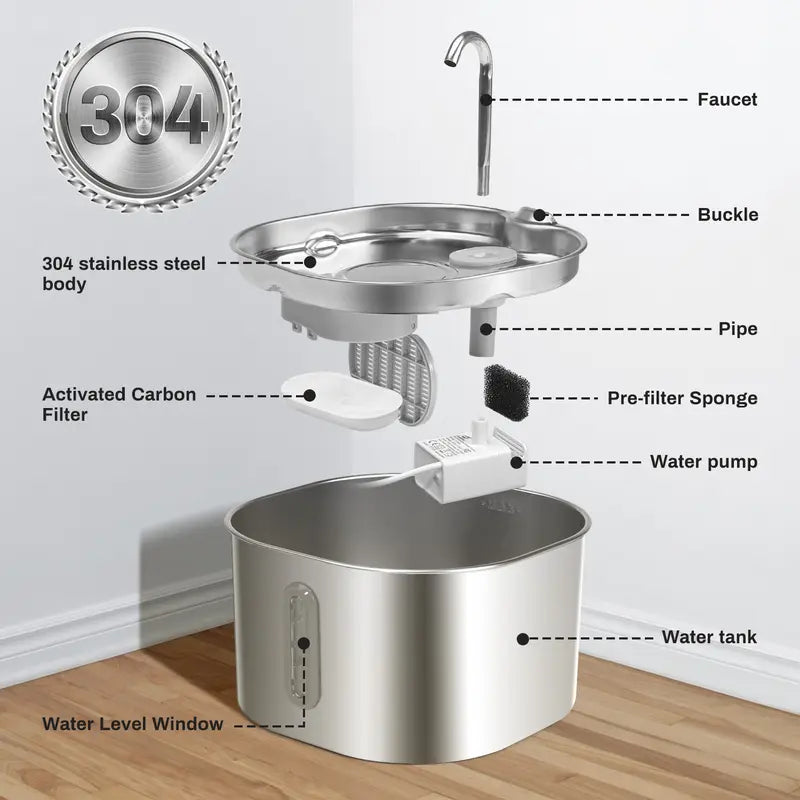 2.2L Stainless Steel Cat Water Fountain, Ultra-Quiet Automatic Pet Drinking Dispenser with LED Night Light & Water Level Window for Cats and Small Dogs