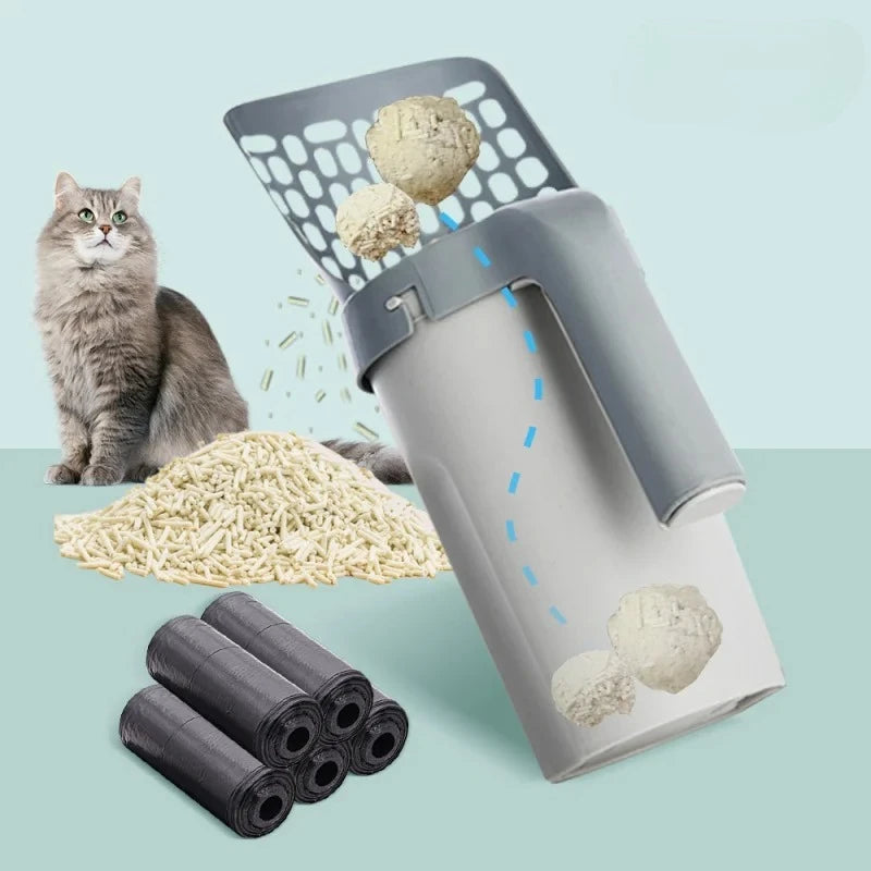 2-in-1 Self-Bagging Cat Litter Scoop with Integrated Waste Bin and Refill Bags