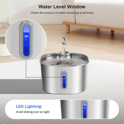 2.2L Stainless Steel Cat Water Fountain, Ultra-Quiet Automatic Pet Drinking Dispenser with LED Night Light & Water Level Window for Cats and Small Dogs